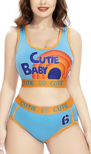 CutiePlusU Frauen Baumwolle ungefüttert Bralette Camisole und Höschen Sport Loungewear Set- Cute Basketball Baby 2 Blau 2XL von CutiePlusU