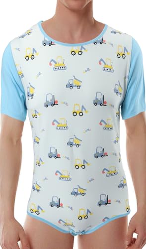 CutiePlusU Herren Baumwolle Knopf im Schritt Bodysuits Erwachsene Strampler Onesie für Männer-Kleiner Bagger Blau 34XL von CutiePlusU