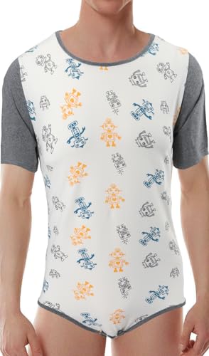 CutiePlusU Herren Baumwolle Knopf im Schritt Bodysuits Erwachsene Strampler Onesie für Männer-Roboter Zuhause Weiß XL von CutiePlusU