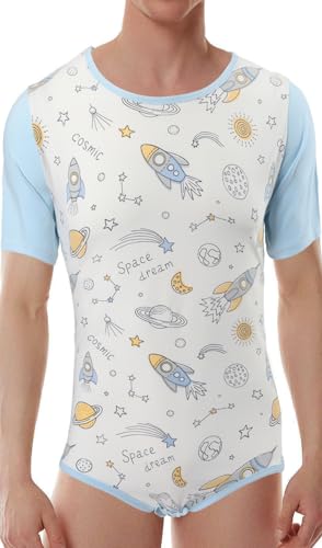 CutiePlusU Herren Baumwolle Knopf im Schritt Bodysuits Erwachsene Strampler Onesie für Männer-Romantischer Planet Weiß 3XL von CutiePlusU