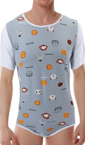 CutiePlusU Herren Baumwolle Knopf im Schritt Bodysuits Erwachsene Strampler Onesie für Männer-Tierwelt Gray XL von CutiePlusU