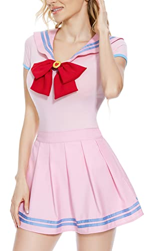 CutiePlusU Knopf im Schritt Onesie Erwachsene Baumwolle Strampler Bodysuit Cosplay Magical Sailor Kostüme Rock Set HimmelblauesRosa XS von CutiePlusU