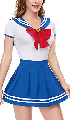 CutiePlusU Knopf im Schritt Onesie Erwachsene Baumwolle Strampler Bodysuit Cosplay Magical Sailor Kostüme Rock Set WhiteBlue 2XL von CutiePlusU