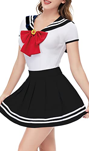 CutiePlusU Knopf im Schritt Onesie Erwachsene Baumwolle Strampler Bodysuit Cosplay Magical Sailor Kostüme Rock Set Whiteblack XS von CutiePlusU
