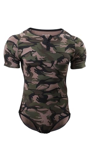 CutiePlusU Männer Kurzarm Onesie Baumwolle Knopf Schritt Bodysuits Erwachsene Snaps Schritt Schlafanzüge- Camouflage S von CutiePlusU