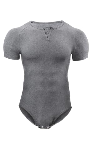 CutiePlusU Männer Kurzarm Onesie Baumwolle Knopf Schritt Bodysuits Erwachsene Snaps Schritt Schlafanzüge- Grau 3XL von CutiePlusU