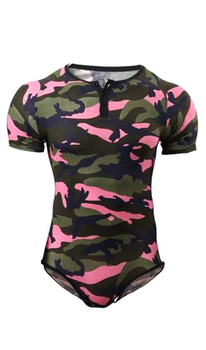 CutiePlusU Männer Kurzarm Onesie Baumwolle Knopf Schritt Bodysuits Erwachsene Snaps Schritt Schlafanzüge- Pink 2XL von CutiePlusU