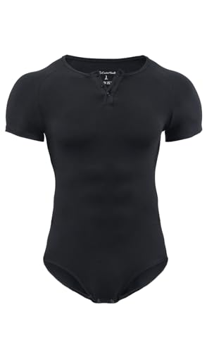CutiePlusU Männer Kurzarm Onesie Baumwolle Knopf Schritt Bodysuits Erwachsene Snaps Schritt Schlafanzüge- Schwarz 2XL von CutiePlusU