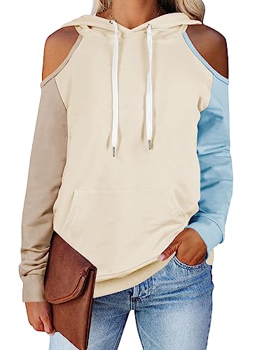 Cutiefox Lässiger Langarm-Kapuzenpullover mit Kordelzug für Damen, Pullover mit Taschen, 02-Colorblock Beige, S von Cutiefox