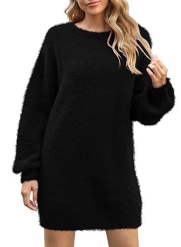 Cutiefox Damen Furry Oversized Rundhals Pullover Sweater Minikleid, Schwarz, X-Groß von Cutiefox