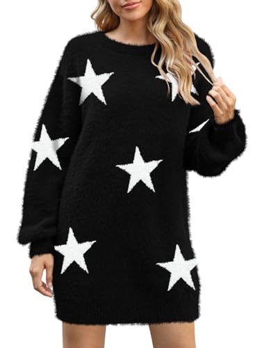 Cutiefox Damen Pelzig Oversized Rundhals Pullover Sweater Minikleid, 01-Stern, schwarz, Mittel von Cutiefox