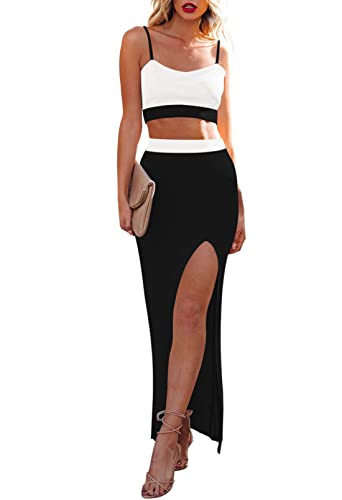 Cutiefox Damen Strickkleid 2-teiliges Cami Crop Top Hoher Seitenschlitz Bodycon Langer Rock Set, balck und weiß, Medium von Cutiefox