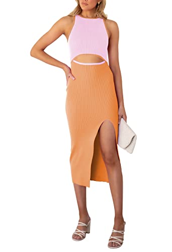 Damen Cut-Out-Strickkleid figurbetont, figurbetont, Seitenschlitz, ärmellos, Colorblock-Midikleid, Orange XS von Cutiefox