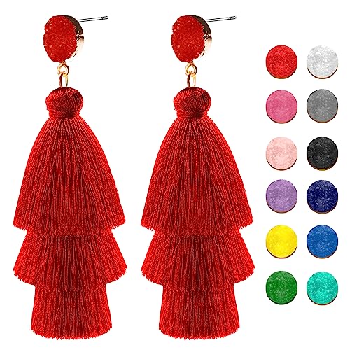 Quasten Anhänger Damen Rot,Boho Quasten Ohrringe,Boho Geschichtete Quastenfadenohrringe,Geschichtete Quastenohrringe,für Kostümzubehör,Geburtstagsgeschenk,Karneval,Partei von Cutiland