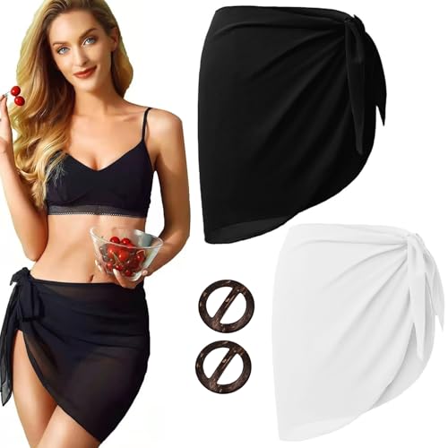 Cutiolly Damen Strand Wrap Sarong,2pcs Strandrock Strand Wrap Sarong,Strand Wrap Sarong Vertuschung Chiffon,Cover Up Strand Wrap,Kurz Bikini Rock für Strand Urlaub Strandkleid,Schwarz und Weiß von Cutiolly