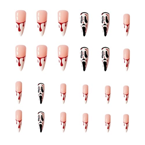24 Stück Halloween Fake Nails, Kunstnägel Press On Nails Lang, Acryl Soft Gel Press on Nails mit Klebstoff, Rot Blut Tränen Tropfen Falsche Nägel Für Frauen Mädchen Nail Art Cosplay von CutitiUU