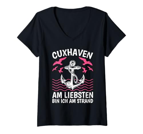 Damen CUXHAVEN AM LIEBSTEN Bin ICH AM Strand Lustig Nordsee T-Shirt mit V-Ausschnitt von Cuxhaven Geschenk Nordsee Shirt Cuxhavener