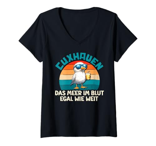 Damen CUXHAVEN DAS Meer IM Blut EGAL WIE WEIT Lustig Cuxhavener T-Shirt mit V-Ausschnitt von Cuxhaven Geschenk Nordsee Shirt Cuxhavener
