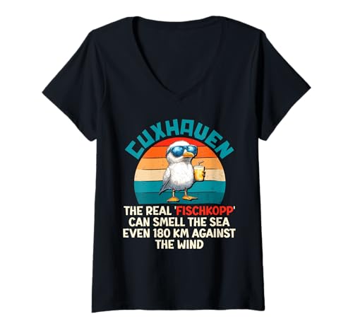 Damen CUXHAVEN DER ECHTE Fischkopf KANN DAS Meer RIECHEN Möwe T-Shirt mit V-Ausschnitt von Cuxhaven Geschenk Nordsee Shirt Cuxhavener
