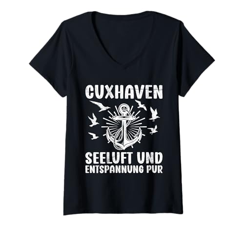 Damen CUXHAVEN SEELUFT UND ENTSPANNUNG PUR Lustig Cuxhavener T-Shirt mit V-Ausschnitt von Cuxhaven Geschenk Nordsee Shirt Cuxhavener