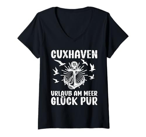 Damen CUXHAVEN Urlaub AM Meer GLÜCK PUR Lustig Cuxhavener T-Shirt mit V-Ausschnitt von Cuxhaven Geschenk Nordsee Shirt Cuxhavener