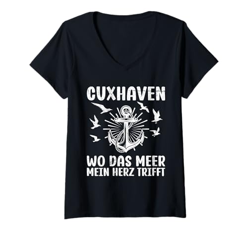 Damen CUXHAVEN WO DAS Meer Mein Herz TRIFFT Lustig Cuxhavener T-Shirt mit V-Ausschnitt von Cuxhaven Geschenk Nordsee Shirt Cuxhavener