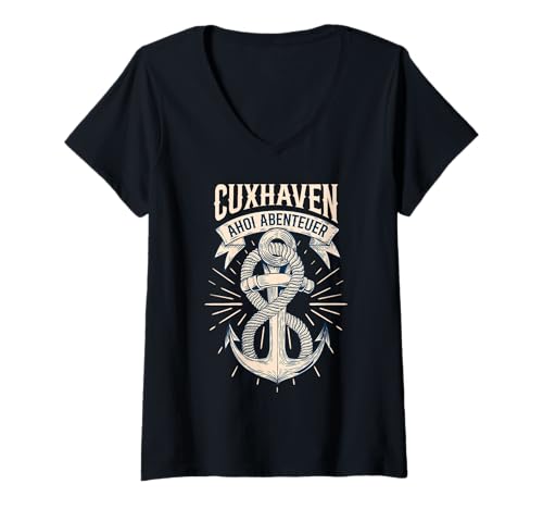Damen Nordsee Urlaub CUXHAVEN AHOI Abenteuer Lustig Cuxhavener T-Shirt mit V-Ausschnitt von Cuxhaven Geschenk Nordsee Shirt Cuxhavener