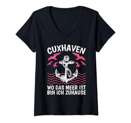 Damen Nordsee Urlaub WO DAS Meer IST Bin ICH ZUHAUSE Cuxhavener T-Shirt mit V-Ausschnitt von Cuxhaven Geschenk Nordsee Shirt Cuxhavener
