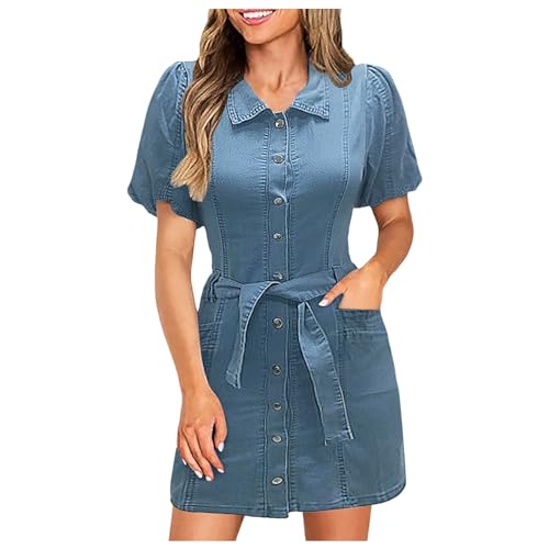 Cvanxluy Jeans Kleid für Damen Sexy Cover Up Blusenkleid Hemdblusenkleid XXL Button Down Curve Denim Dress Freizeitkleider Freizeit Midi Dress Jeanskleid Kurzarm Leichte Hemdkleid Shirtkleid von Cvanxluy