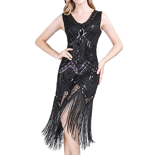 Cvanxluy Kleid mit Federn, 20er Jahre Kostüm Damen V Ausschnitt Paillettenkleid Kostüm Elegant Fasching Faschingskostüme Cocktail Charleston Retro Kleid Kleid Gatsby Curvy Outfit Fransenkleid von Cvanxluy