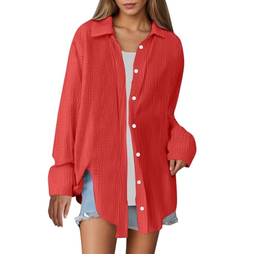 Longbluse Damen lässig für Leggings, Musselin Bluse Damen Oversized Sommer Lässig Longbluse Baumwolle Leicht Hemd Oberteile Langarm Modern Hemdbluse Long Shirt Elegant Leinenhemd Locker Rot Longbluse Damen lässig für Leggings, Musselin Bluse Damen Oversized Sommer Lässig Longbluse Baumwolle Leicht Hemd Oberteile Langarm Modern Hemdbluse Long Shirt Elegant Leinenhemd Locker Rot von Cvanxluy