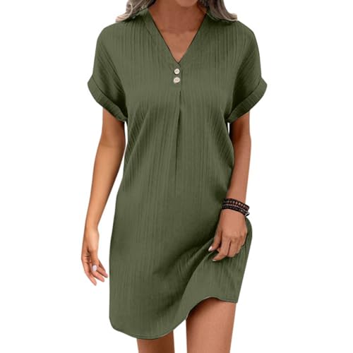 Musselin Kleid Damen Sommer Festival Kleider V-Ausschnitt Luftige A-Linie Strandkleid Midikleid mit Knöpfen Lässiges Kurzarm Sommerkleid Leicht Bluse Kleid Boho Tunika Freizeitkleid von Cvanxluy