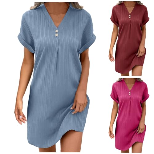 Musselin Kleid Damen Sommer V-Ausschnitt Luftige A-Linie Midikleid Einfarbige mit Knöpfen Lässiges Kurzarm Sommerkleid Leicht Musselin Bluse Kleid Boho Tunika Strandkleider Freizeitkleid von Cvanxluy