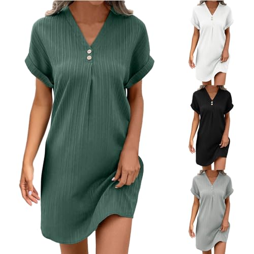 Musselin Kleid Damen Sommer V-Ausschnitt Luftige A-Linie Midikleid Einfarbige mit Knöpfen Lässiges Kurzarm Sommerkleid Leicht Musselin Bluse Kleid Boho Tunika Strandkleider Freizeitkleid von Cvanxluy