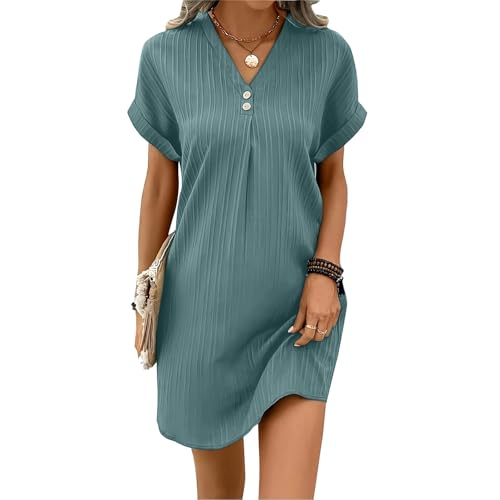 Musselin Kleid Damen Sommer V-Ausschnitt Luftige A-Linie Midikleid Einfarbige mit Knöpfen Lässiges Kurzarm Sommerkleid Leicht Musselin Bluse Kleid Boho Tunika Strandkleider Freizeitkleid von Cvanxluy