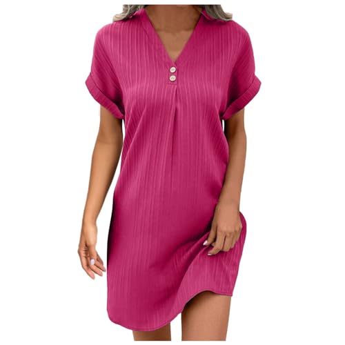 Musselin Kleid Damen Sommer V-Ausschnitt Luftige A-Linie Midikleid Einfarbige mit Knöpfen Lässiges Kurzarm Sommerkleid Leicht Musselin Bluse Kleid Boho Tunika Strandkleider Freizeitkleid von Cvanxluy