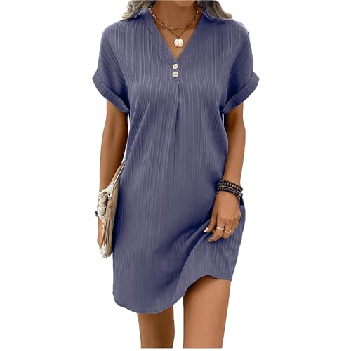 Musselin Kleid Damen Sommer V-Ausschnitt Luftige A-Linie Midikleid Einfarbige mit Knöpfen Lässiges Kurzarm Sommerkleid Leicht Musselin Bluse Kleid Boho Tunika Strandkleider Freizeitkleid von Cvanxluy