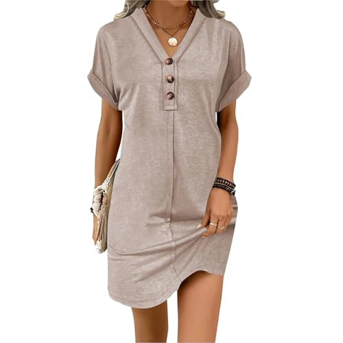 Musselin Kleid Damen Sommer V-Ausschnitt Luftige A-Linie Midikleid Einfarbige mit Knöpfen Lässiges Kurzarm Sommerkleid Leicht Musselin Bluse Kleid Boho Tunika Strandkleider Freizeitkleid von Cvanxluy