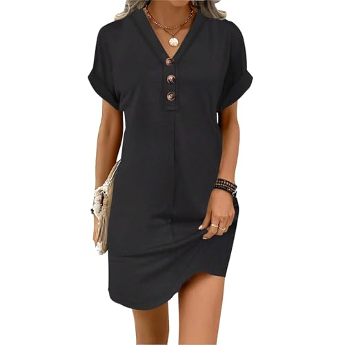Musselin Kleid Damen Sommer V-Ausschnitt Luftige A-Linie Midikleid Einfarbige mit Knöpfen Lässiges Kurzarm Sommerkleid Leicht Musselin Bluse Kleid Boho Tunika Strandkleider Freizeitkleid von Cvanxluy