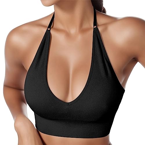 Neckholder BH Damen Push Up Sport BH Rückenfrei Tiefer V Ausschinitt Sport Bustier Gepolstert Rückenfreier BH Sexy Gym Bra Backless Verstellbare Träger von Cvanxluy