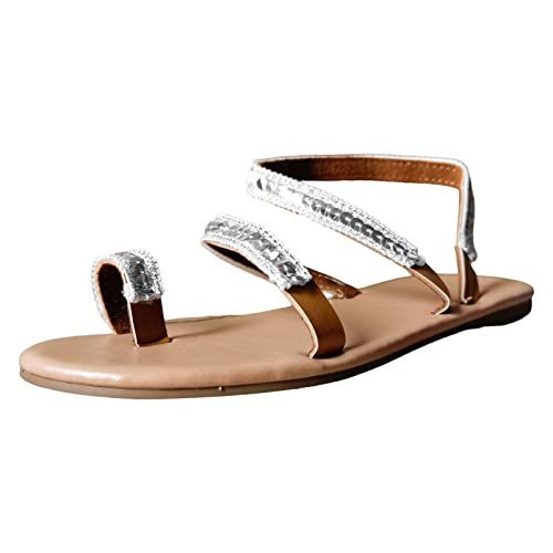 Sandalen Damen Sommer, Sandalen Damen Elegant Ohne Absatz Strass Weiß Hausschuhe Frauen Sandaletten mit Absatz Grün Schnalle Rutschfeste Sandals Freizeitsandale Fußbett Flat Schuhe Shoes Mädchen von Cvanxluy