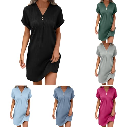 Strandkleid Damen Luftig Musselin Kleid Sommer V-Ausschnitt Luftige Tunika Kleid Einfarbige mit Knöpfen Lässiges Kurzarm Sommerkleid Leicht Musselin Bluse Kleid Boho A-Linie Kleid Freizeitkleid von Cvanxluy
