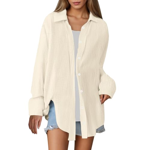 musselin Bluse Damen Oversized, Musselin Bluse Damen Oversized Sommer Lässig Longbluse Baumwolle Leicht Hemd Oberteile Langarm Modern Hemdbluse Long Shirt Elegant Leinenhemd Locker Langarmshirt gelb von Cvanxluy