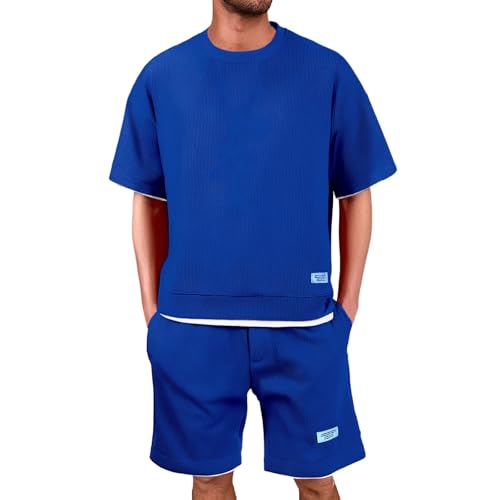 sommerkleidung herren, Sommer Outfit Herren Waffelmuster Trainingsanzug 2 Teiler Shorts Und Tshirt Set Jogginganzug Freizeitanzug Kurz Zweiteiler Sommeranzug Große Größe Sport Kleidung Männer 5XL von Cvanxluy