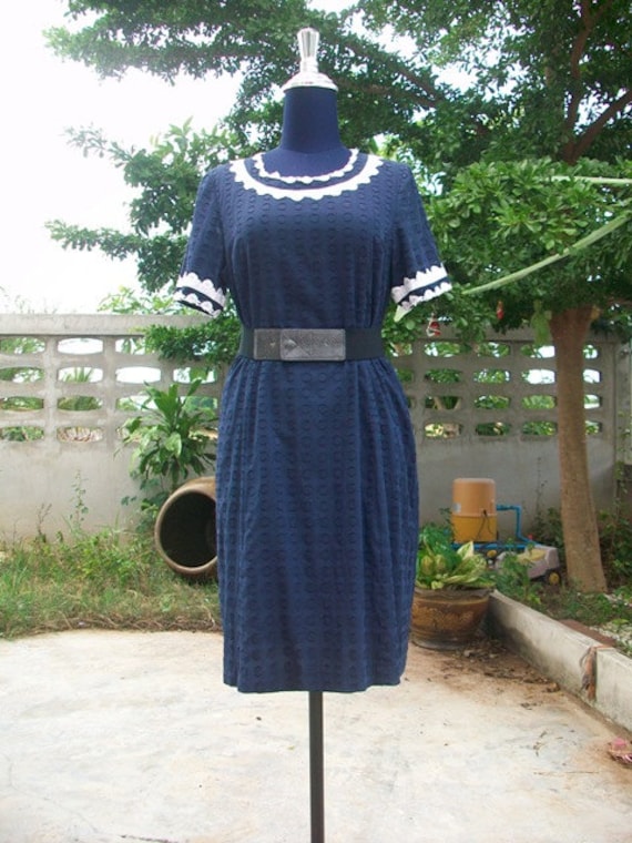Im Angebot Vintage Marineblaues Baumwollkleid Größe L von CvintageLand