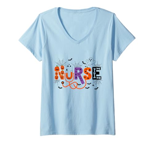 Damen Lustige Krankenschwester Halloween Gruselig und Niedlich Krankenhaus Halloween T-Shirt mit V-Ausschnitt von Cwktees Halloween