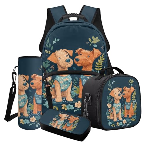 Cxdvotvy Rucksack-Set für Jungen, Tierdruck, Schultasche, Lunchtasche, Federmäppchen, Tassenträger für Kindergarten und Kinder, Blau-irische Terrier-Blume, Schulranzen-Set von Cxdvotvy