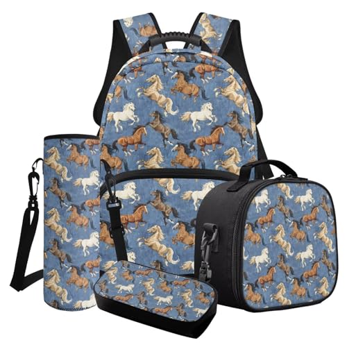 Cxdvotvy Rucksack-Set für Jungen, Tierdruck, Schultasche, Lunchtasche, Federmäppchen, Tassenträger für Kindergarten und Kinder, Blue-Horse, Schulranzen-Set von Cxdvotvy