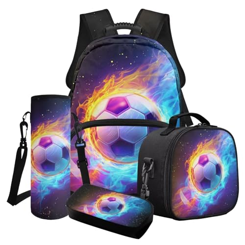 Cxdvotvy Schulranzen-Set 4 Stück, Rucksack, große Kapazität, leichte Lunchtasche, Federmäppchen für Grundschule, Junior, Mittelschule, Jungen, Blau-rotes Fußballfeuer, Schulranzen-Set von Cxdvotvy