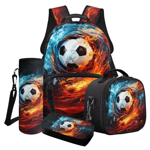 Cxdvotvy Schulranzen-Set 4 Stück, Rucksack, große Kapazität, leichte Lunchtasche, Federmäppchen für Grundschule, Junior, Mittelschule, Jungen, Red Blue-water Fire Football, Schulranzen-Set von Cxdvotvy